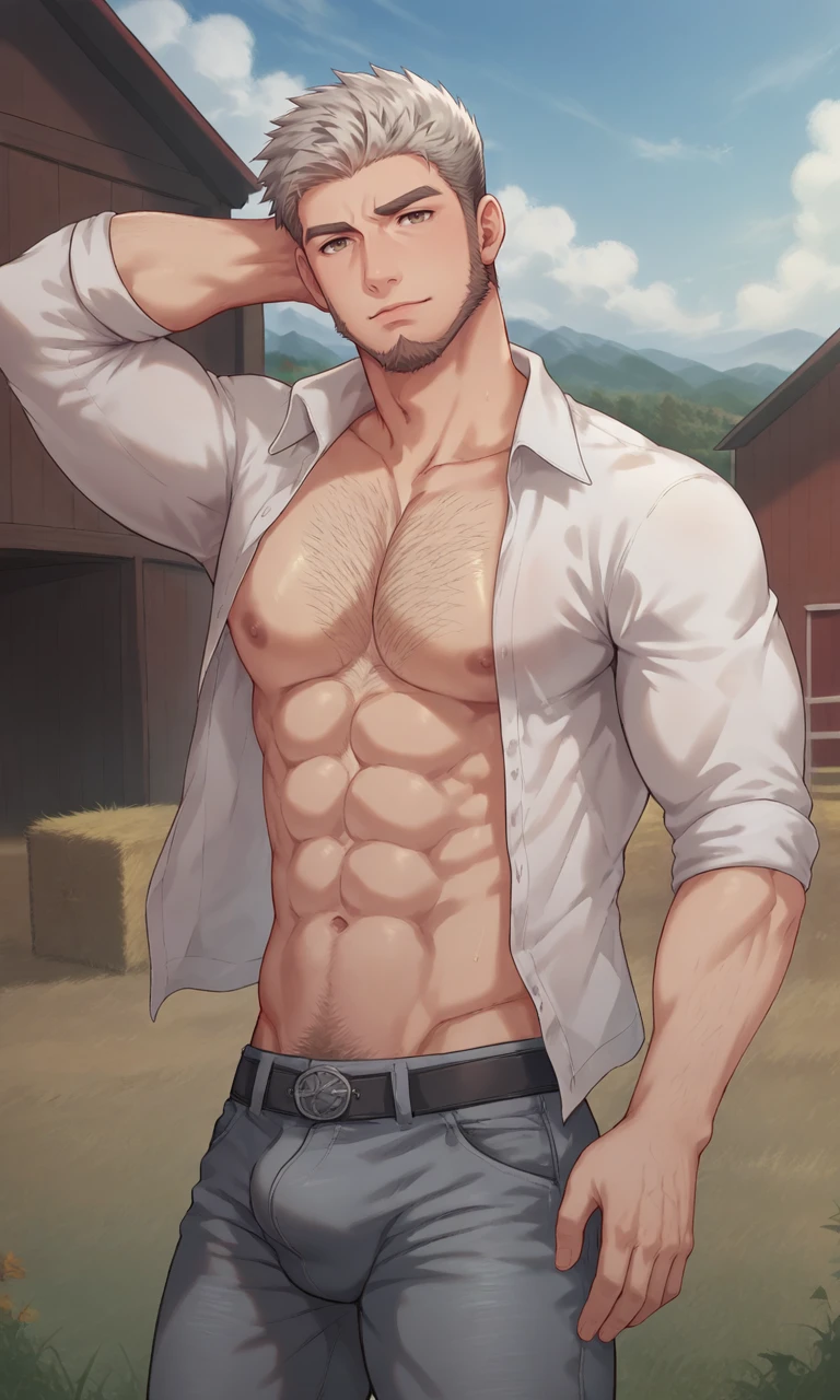 score_9, score_8_up, score_7_up, masterpiece, best quality, lots of details, (close-up), ((1boy)), muscular, mature male, goro, muscular, male focus, white shirt, open clothes, grey jeans, closed mouth, large pectorals, body hair, chest hair, arms hair, facial hair, pubic hair, abs, nipples, navel, shaded, detailed shading, detailed skin, shaded skin, realistic shading, looking at viewer, Expressiveh, countershading:1.1, haystack, barnyard, barn, field on the horizon, day, autumn, outdoors, nature, <lora:add-detail-xl:1>, <lora:Smooth Anime 2 Style SDXL_LoRA_Pony Diffusion V6 XL:0.8>, <lora:Expressive_H:0.7>, <lora:Goro:0.8>