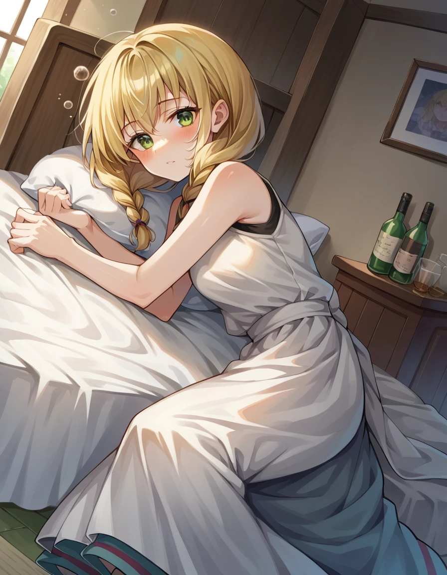 score_9, score_8_up, score_7_up, source_anime,
witchviola, <lora:witch-house-viola-ponyxl-lora-nochekaiser:1>,
viola, blonde hair, braid, green eyes, twin braids,
sleeveless, shirt, white shirt, skirt, long skirt, frills,
indoors, bed, bed room, on side, blush, drunk,
solo, looking at viewer, cowboy shot, dutch angle,