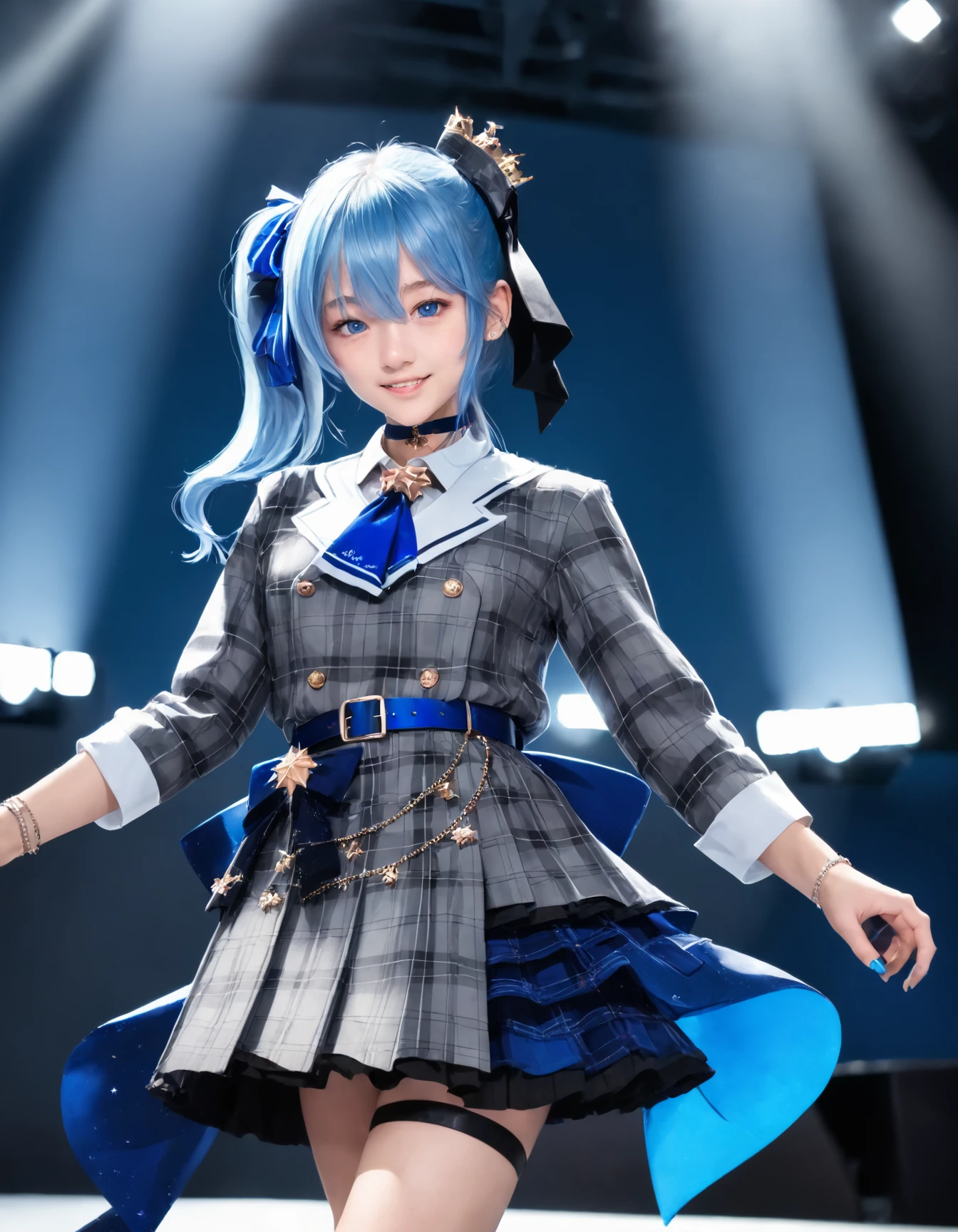 1girl, solo,
(Best quality:1.0),(masterpiece:1.0),photorealistic,
(realistic),photograph,hyperdetailed photography,raw photo,
stage,Spotlight, (on stage:1.2) ,
Singing, microphone,
BREAK
smile,
18yo,
<lora:suisei_RPO_V1_0-000008:0.8>,
suisei, virtual youtuber, blue hair, blue eyes, side ponytail, blue nails, hair between eyes, jewelry, ribbon,nail polish,medium hair, hair ribbon,long hair,turime,
(flat chest:0.5),small breast,
cos 1st, gloves, black gloves, choker, star (symbol),partially fingerless gloves, belt, plaid dress,plaid skirt, skirt, bracelet, shirt, buttons, blue belt,double-breasted, blue ascot, plaid jacket, collared shirt, dress,grey jacket, long sleeves,blue ribbon, blue choker, grey skirt,thigh strap, single thighhigh, socks,