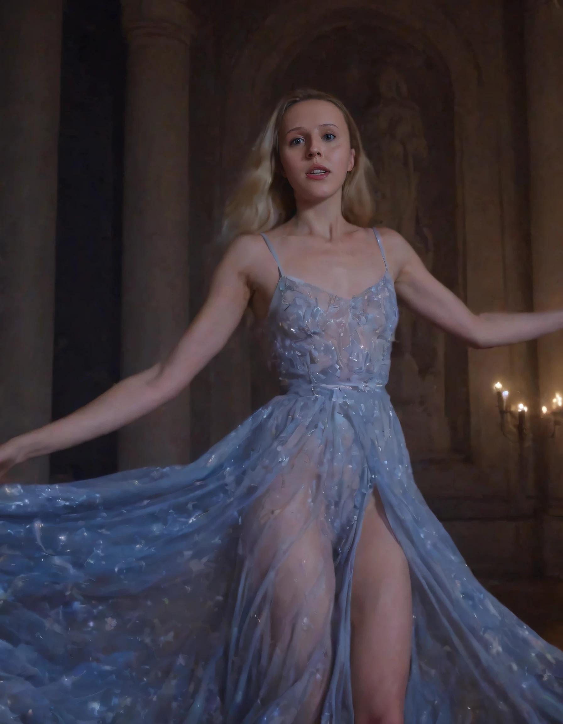 Within a wondrously evocative scene, the bewitching Ria Dersaut, with blonde hair and piercing blue eyes, dons a mystical gown emblazoned with dazzling moonlit patterns as she effortlessly transcends through time and space within an enchanting ethereal realm, performing a graceful dance where her arms extend like celestial branches in perfect unison, capturing a timeless pose that seamlessly merges fantasy and reality. <lora:snhulq18f8b70b60az3d6:1>