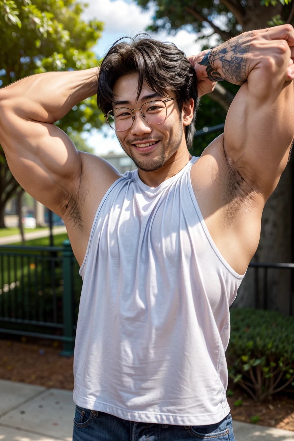 justinsaiyann, shirt, muscular, tattoo, park, glasses, stubble, beard, asian, smiling, daylight, (flexing arms), (flexing biceps)<lora:EMS-93-EMS:1.000000>, <lora:EMS-283192-EMS:0.800000>