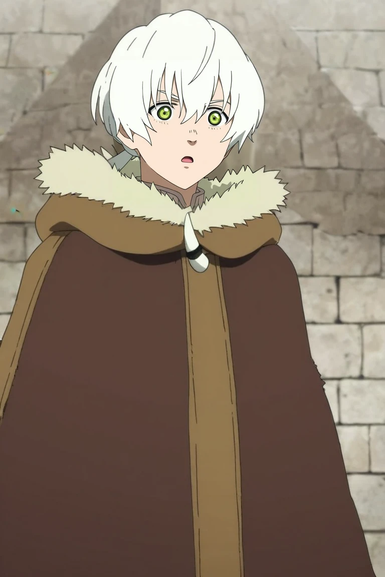 score_9, score_8_up, score_7_up, source_anime, rating_safe, , anime screencap, anime coloring, , , , 1boy, solo, male focus, <lora:fushi_fumetsu_pony:0.78>, fushi_fumetsu, white hair, green eyes, short hair, hair between eyes, bangs, ponytail, fur trim, brown cape, cloak, wide angle, wide shot, cowboy shot, pyramid, noon, (pose), open mouth, thief costume, <lora:sdxl_lightning_8step_lora:1>