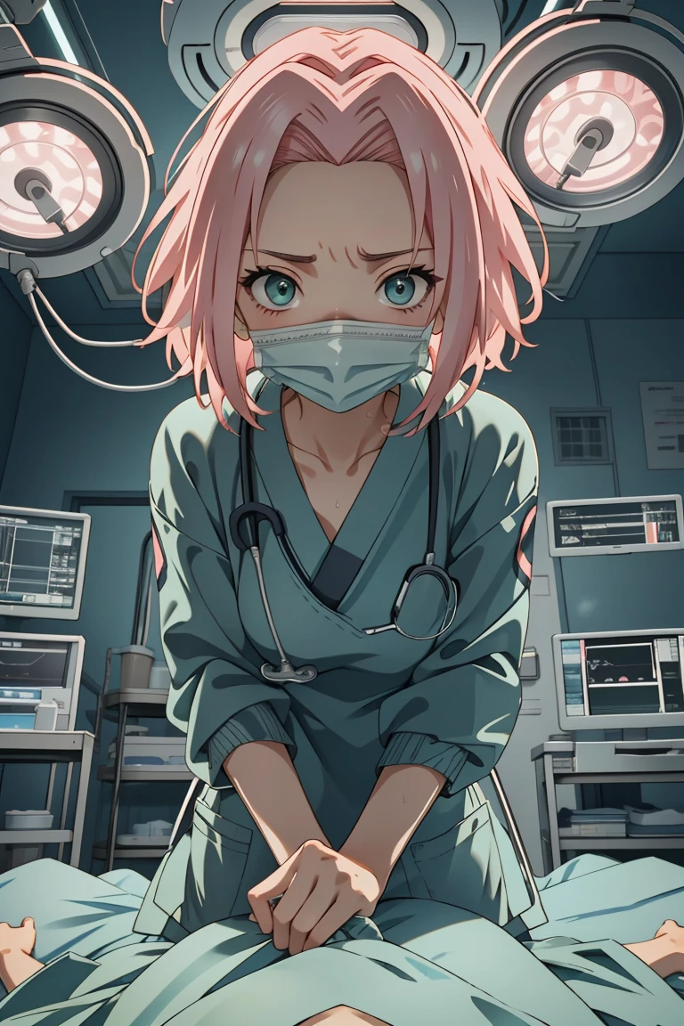 (RAW photo, best quality), operating room, overhead surgical light,blurred background, focused, dithering,backlighting,
<lora:surgeon_cpr_pov_V1.0-000005:0.8> surgeon_cpr, indoors, 1girl, looking at viewer, pov, solo,surgical mask, long sleeves,sweating,
<lora:Sakura:0.57> 1girl, pink_hair, green_eyes, short hair, blush, haruno sakura,