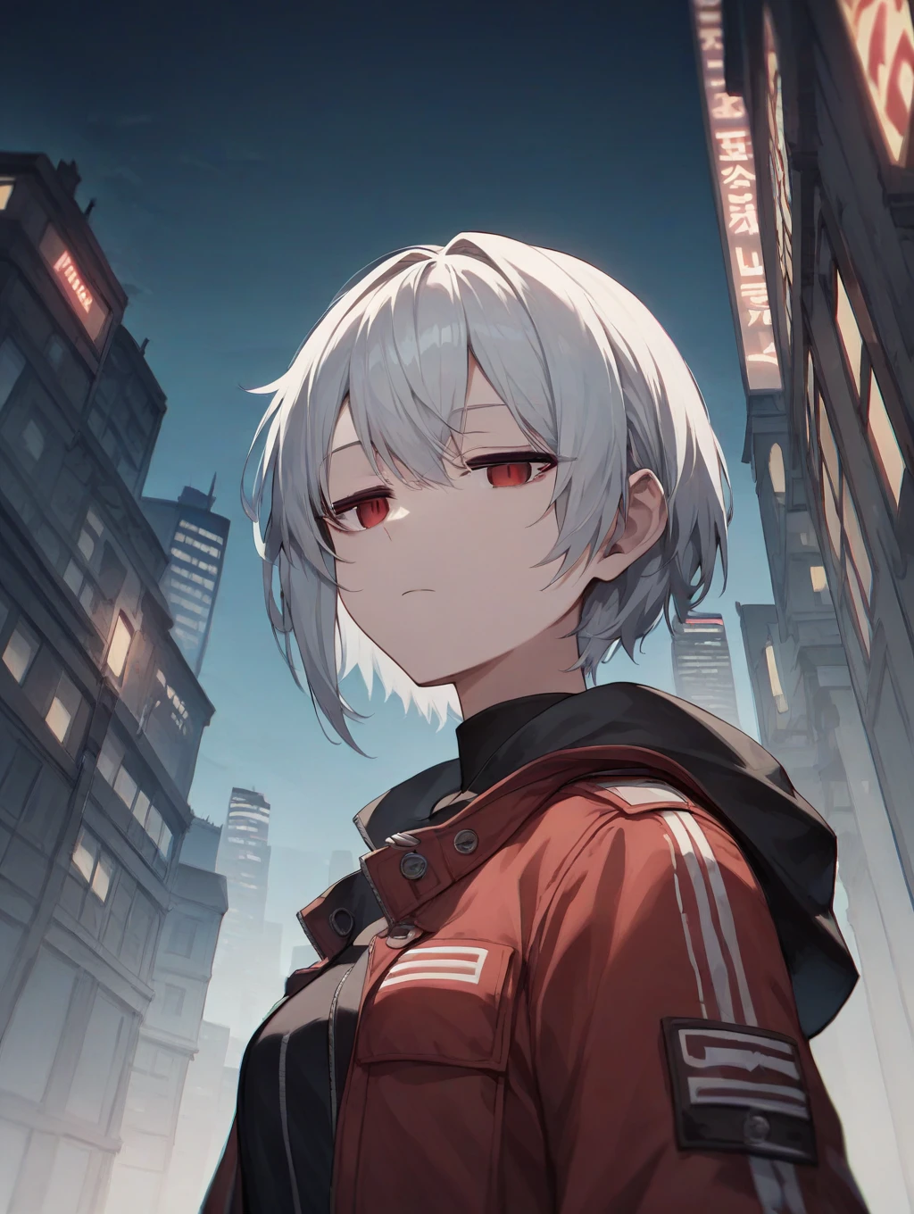 score_9,score_7_up, 1girl,( looking at viewer:1.2),  <lora:jitome_pony_v01Ca:5>, rating_safe, from below, white hair, short hair, red eyes, expressionless, empty eyes, jacket, city, night, from bottom,