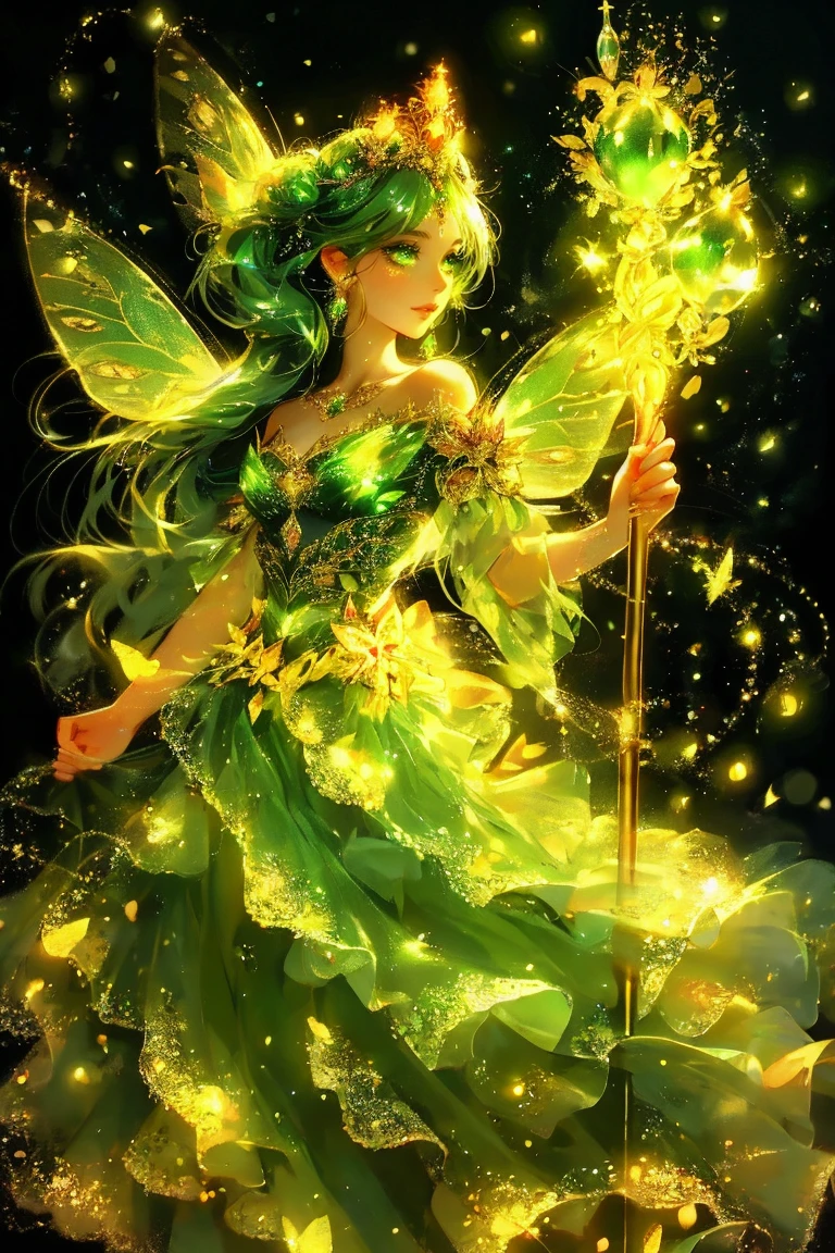 A fantastical character with luminescent green eyes, adorned with a crown of shimmering gems and leaves. She has butterfly-like wings emanating a radiant green glow. The character holds a slender staff with a glowing orb at its tip. Her attire is intricately designed with golden embellishments, and she is surrounded by a mesmerizing backdrop of twinkling lights and floating particles.<lora:EMS-374483-EMS:0.800000>