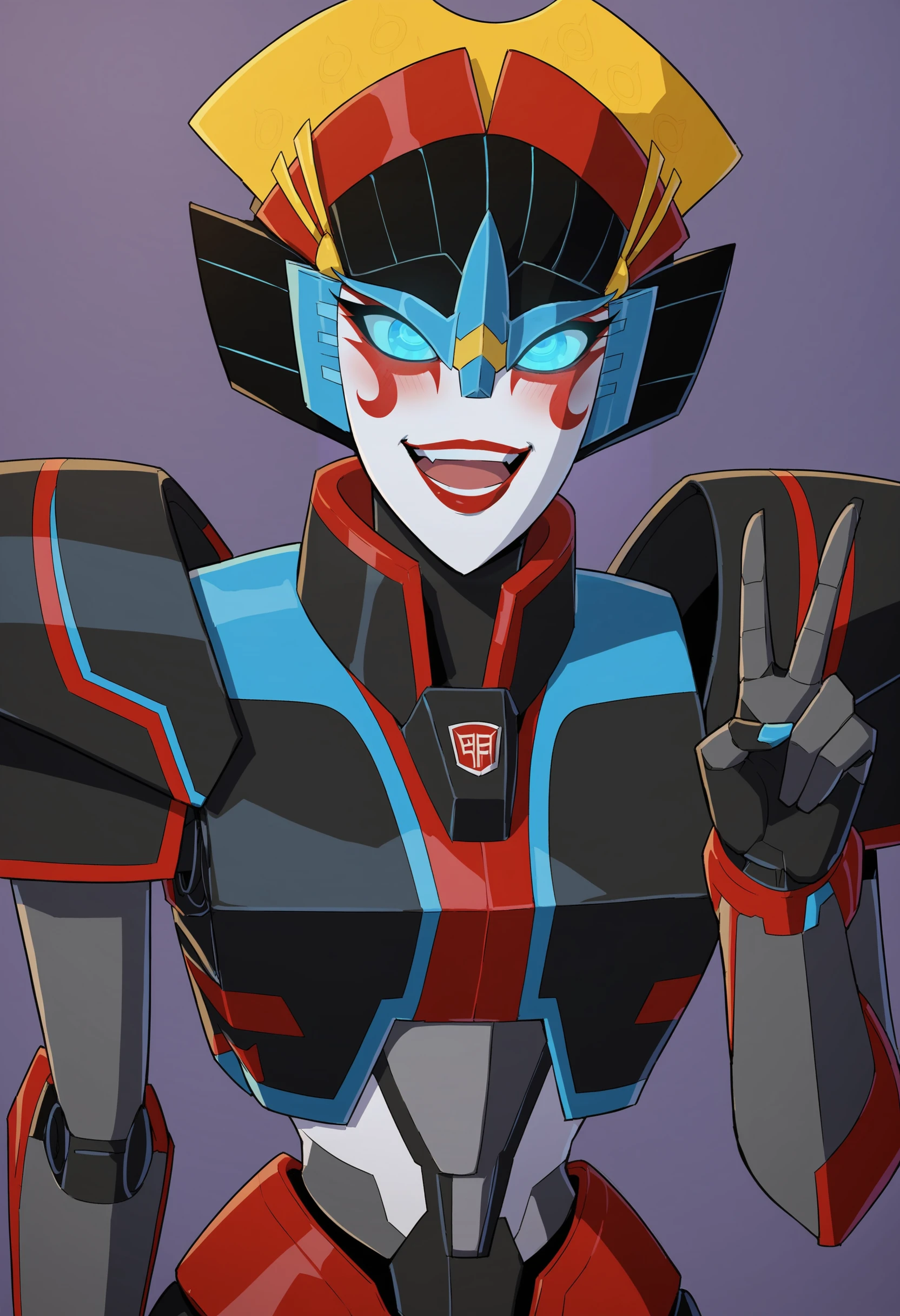 score_9, score_8_up, score_8, source_anime, 1girl,  <lora:Windblade:0.85> solo, autobot, mecha, robot, red lips, blue eyes, glowing eyes, happy, laugh, blush, v sign,
purple background, simple background,