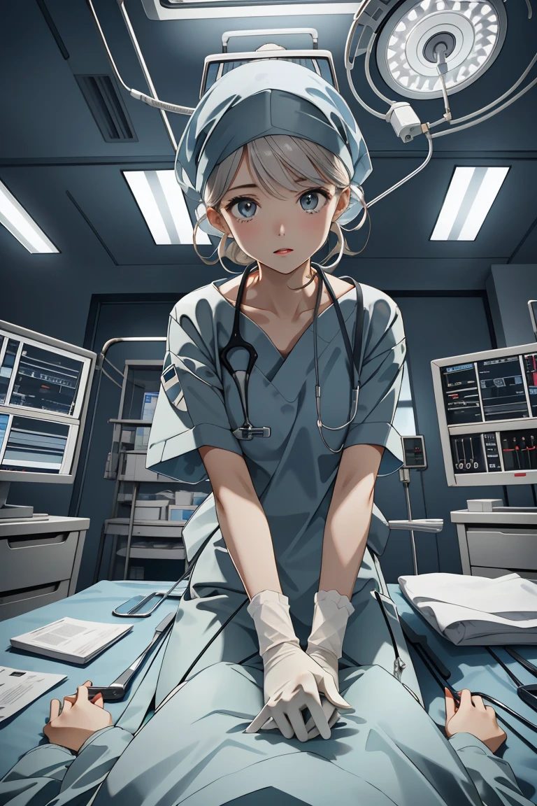 (RAW photo, best quality), operating room, overhead surgical light,blurred background, focused, dithering,backlighting,
 <lora:surgeon_cpr_pov_V1.0-000005:0.8> surgeon_cpr, indoors, 1girl, looking at viewer, pov, solo,