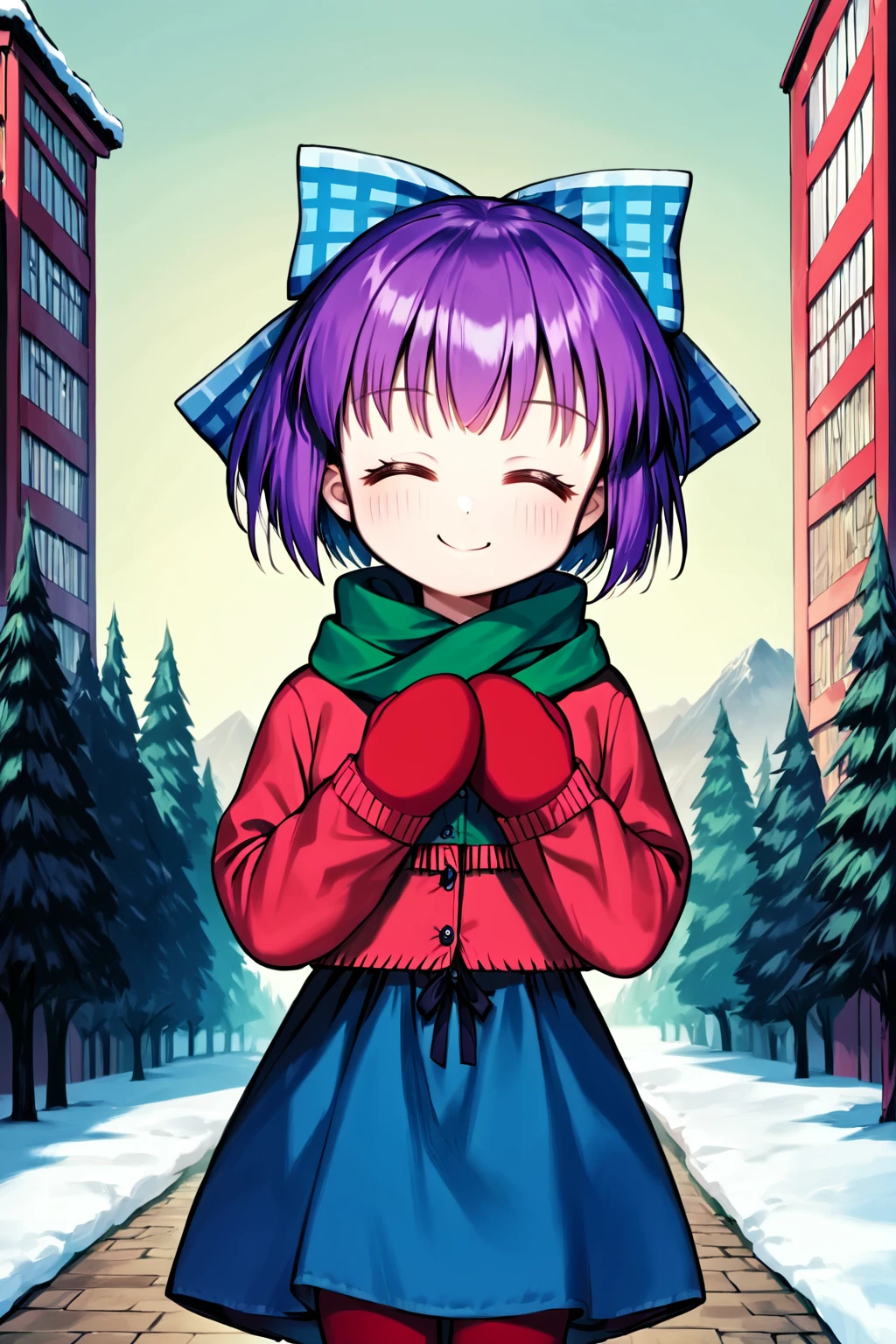 score_9, score_8_up, score_7_up, score_6_up, rating_safe, source_anime, best quality, masterpiece, detailed background, outdoors, :3, =3, (cat_face_smile), wavy mouth, smile, striped winter jacket, green scarf, blue skirt, red leggings, closed eyes, mittens, hands together, <lora:kouzuki-mio-xl-05:1.2>, kouzuki mio, blue_hair_bow, purple hair, small breasts, closed eyes, closed mouth, smile,