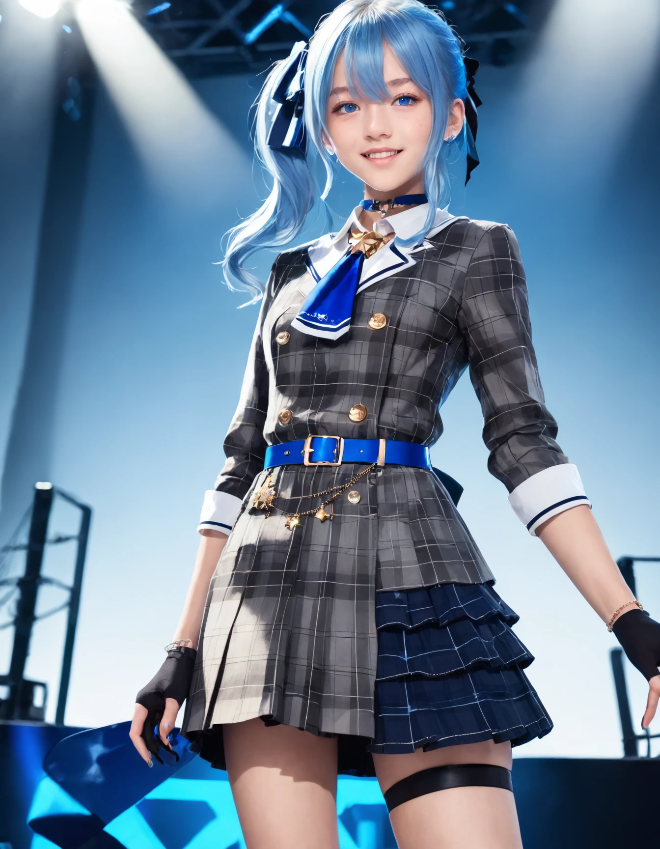 1girl, solo,
(Best quality:1.0),(masterpiece:1.0),photorealistic,
(realistic),photograph,hyperdetailed photography,raw photo,
stage,Spotlight, (on stage:1.2) ,
Singing, microphone,
BREAK
smile,
18yo,
<lora:suisei_RPO_V1_0-000008:0.8>,
suisei, virtual youtuber, blue hair, blue eyes, side ponytail, blue nails, hair between eyes, jewelry, ribbon,nail polish,medium hair, hair ribbon,long hair,turime,
(flat chest:0.5),small breast,
cos 1st, gloves, black gloves, choker, star (symbol),partially fingerless gloves, belt, plaid dress,plaid skirt, skirt, bracelet, shirt, buttons, blue belt,double-breasted, blue ascot, plaid jacket, collared shirt, dress,grey jacket, long sleeves,blue ribbon, blue choker, grey skirt,thigh strap, single thighhigh, socks,