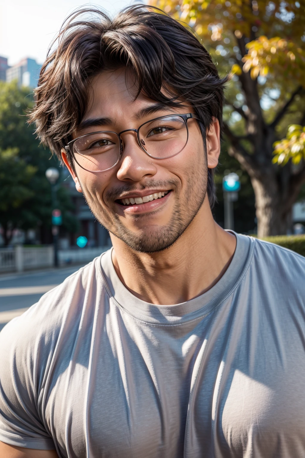 justinsaiyann, shirt, muscular, tattoo, park, glasses, stubble, beard, asian, smiling, daylight, (hands behind head)<lora:EMS-283192-EMS:0.700000>, <lora:EMS-93-EMS:1.000000>