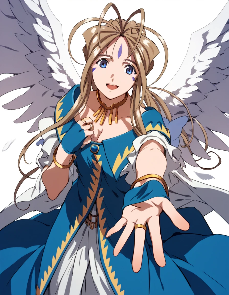 score_9, score_8_up, score_7_up, score_6_up, score_5_up, score_4_up, source_anime,  Belldandy, looking at viewer, smile, open mouth, simple background, gloves, white background, dress, cleavage, jewelry, wings, choker, bracelet, ring, angel wings, outstretched hand, angel,