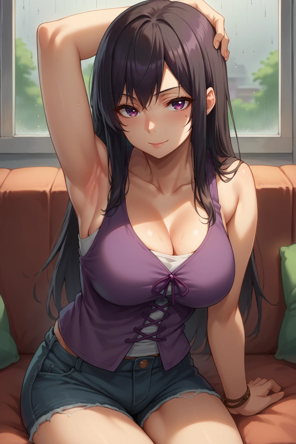 score_9, score_8_up, score_7_up, source_anime, cowboy shot, looking at viewer, seductive smile, ntsmsg, mole under eye, large breasts, purple eyes, black hair, long hair, purple cross-laced vest, grey undershirt, midriff, sleeveless, cleavage, denim shorts, bracelet, sitting, stretching, indoors, couch, window, rain, <lora:Hoseki_WWY_NatsumiSuga_PDXL_v1:1>