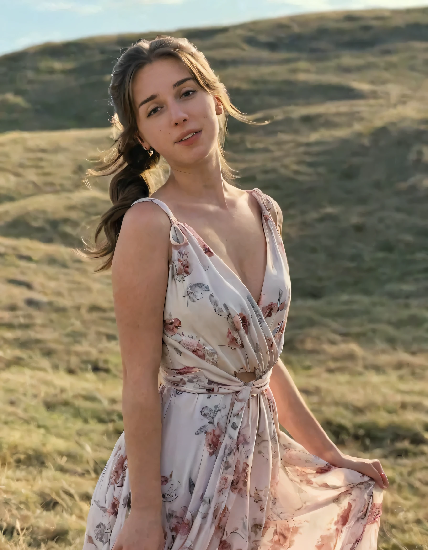 Amidst an Abby-Boomed landscape, one girl with long hair elegantly tied in an updo hairstyle, clad effortlessly yet confidently in a stylish flowy dress, showcases poise and confidence against a serene ambience, striking the perfect pose for a picture that perfectly encapsulates her graceful beauty. Abby Boom <lora:tqgxtq18f8bbfd3f9t4b3:1>
