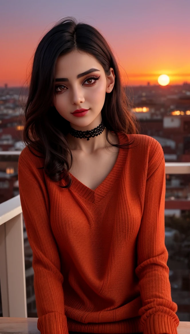 1 young cute iranian girl, very slim, skinny, redhead, rouge, red neck lace choker, cateyes makeup, colorful, oversize knit jumper, softcore, warm lighting, cosy atmosphere, Instagram style, red theme, upper body shot,(cinematic, black and red:0.85), (sunset beautiful background:1.3), sharp, dim colors