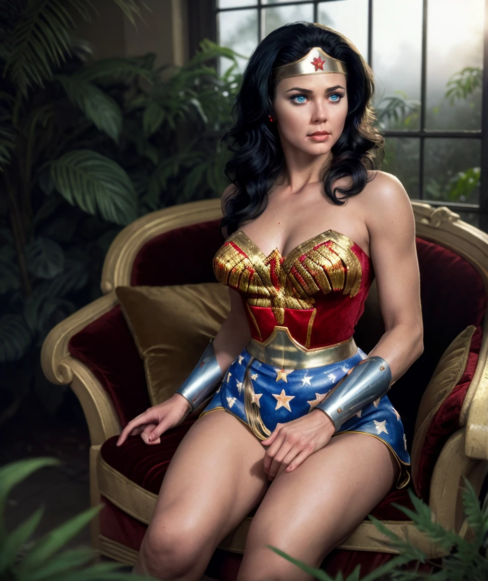 , intricate detailed, flash photography,  <lora:quiron_WonderWomanRetro_v1340_Lora:0.67>  wonderWomanRetroquiron, wonderWomanRetro, black hair, realistic, solo, long hair, blue eyes,Seated on a velvet cushion in a sunlit conservatory, she embraces the serenity of lush greenery , at Abandoned Mental Institution, warrior pose,  fog, explotion, fire, lighting, fantasy,