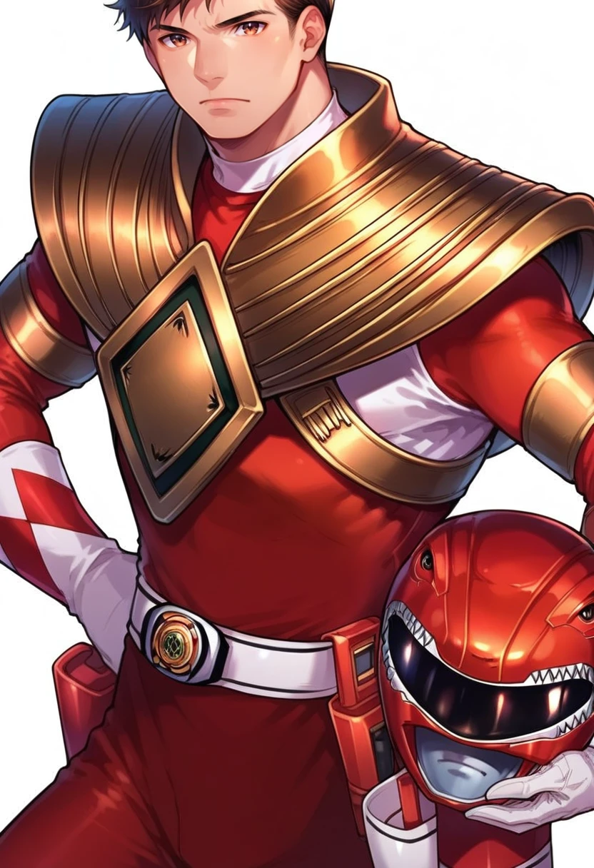 Ugly (score_9:0.9),score_8_up,score_7_up,anime style,rating_safe,<lora:Red Ranger ponyXL v3.1:0.85>,Red Ranger,1boy,male focus,brown eyes,brown hair,helmet,holding,solo,looking at viewer,headwear removed,holding helmet,white background,simple background,helmet removed,short hair,closed mouth,hand on own hip,dragon shield,armor,