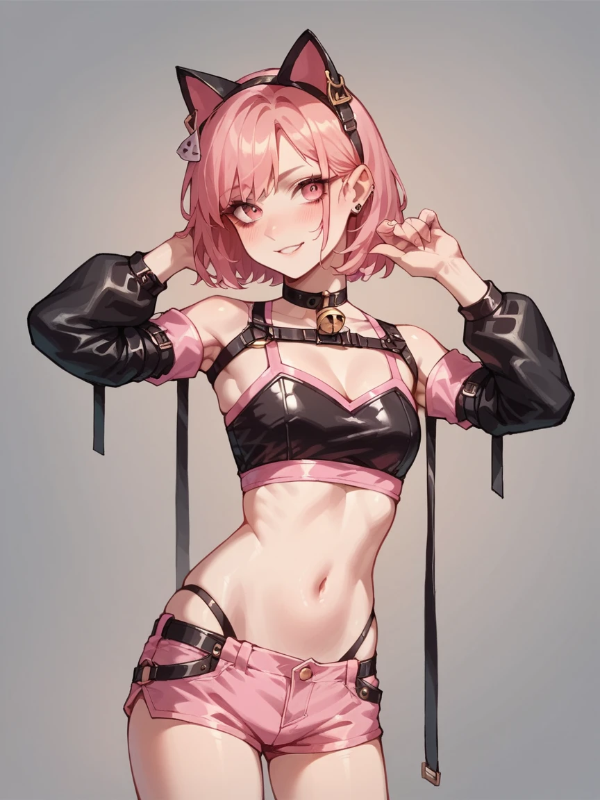 score_9, score_8_up, score_7_up, score_6_up,  <lora:d4ng3rXLP:0.6> d4ng3r, shorts, elbow gloves, 1girl, cat ears, crop top, pink and black