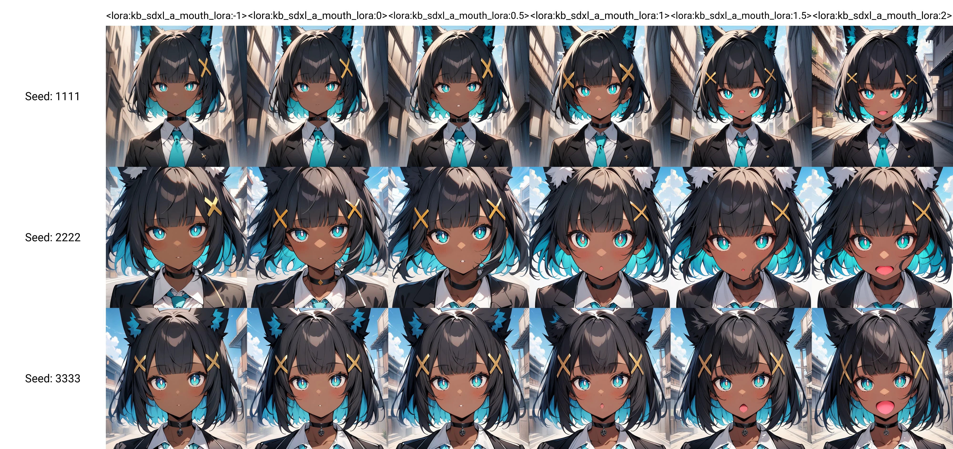 masterpiece,best quality,1girl,dark skin,dark-skinned female,black hair,bangs,blunt bangs,blue inner hair,short hair,yellow x hair ornament,fox ears,white pompom in ears,aqua eyes,white pupils,bright pupils,black choker,(black blazer:1.1),white shirt,aqua tie,sky,detailed background,face focus,<lora:kb_sdxl_a_mouth_lora:-1>,