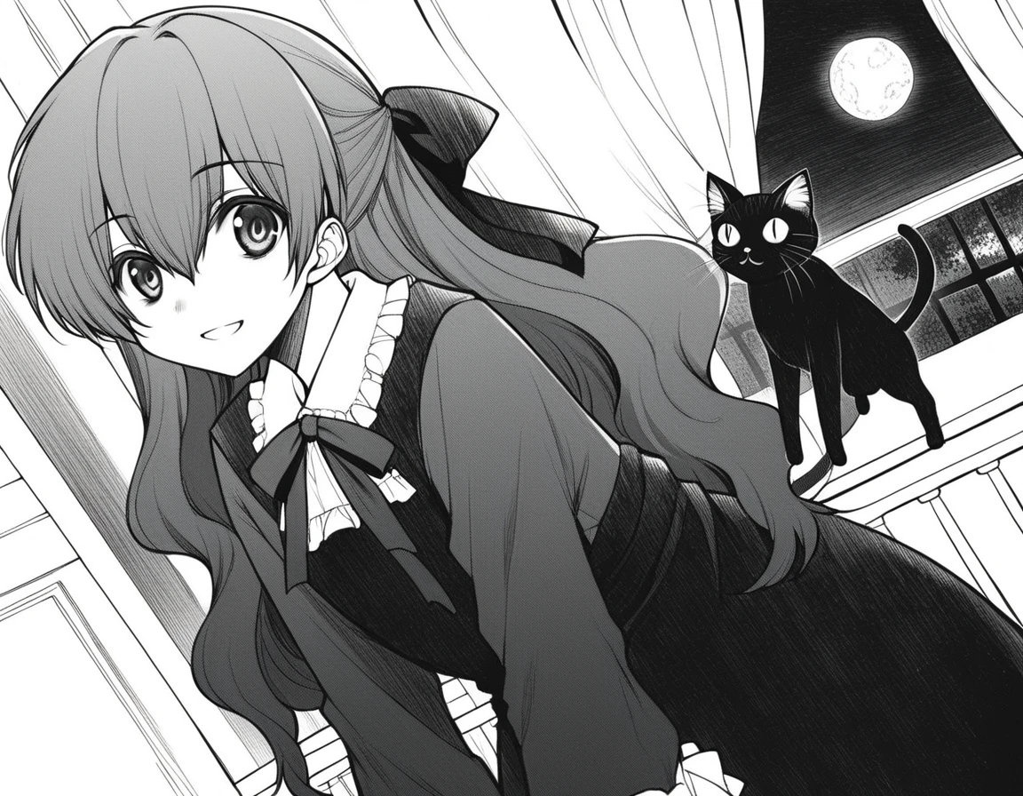 score_9, score_8_up, score_7_up, source_anime,
witchellen, <lora:witch-house-ellen-manga-ponyxl-lora-nochekaiser:1>,
ellen, long hair, ribbon, hair ribbon, monochrome, greyscale,
dress, long sleeves, frills, frilled dress,
indoors, bent over, smile, cat, black cat, night, moon,
solo, looking at viewer, cowboy shot, dutch angle,