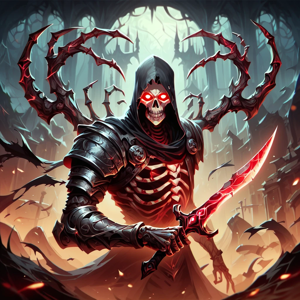 score_9, score_8_up, score_7_up, score_6_up, score_5_up, score_4_up, (1skeleton, evil, glowing eyes, wearing black armor, torn cape, holding red magical dagger:1.2), dungeon in background vibrant, concept art, digital art, realistic, 