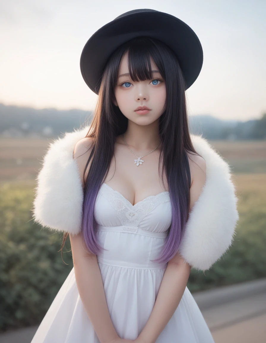 score_9, score_8_up, score_7_up, score_6_up,score_anime, realistic,real,photorealistic,cowboy shot,1girl, , black hair, black headwear, blue eyes, blurry, blurry background, breasts, closed mouth, cloud, cloudy sky, colored inner hair, depth of field, dress, facing viewer, fur trim, fur-trimmed coat, gradient hair, hair between eyes, halo, hand up, hat, jewelry, light blush, long hair, looking at viewer, medium breasts, multicolored hair, necklace, outdoors, own hands together, parted lips, profile, purple flower, purple hair, short sleeves, sidelocks, sky, solo, standing, very long hair, white dress