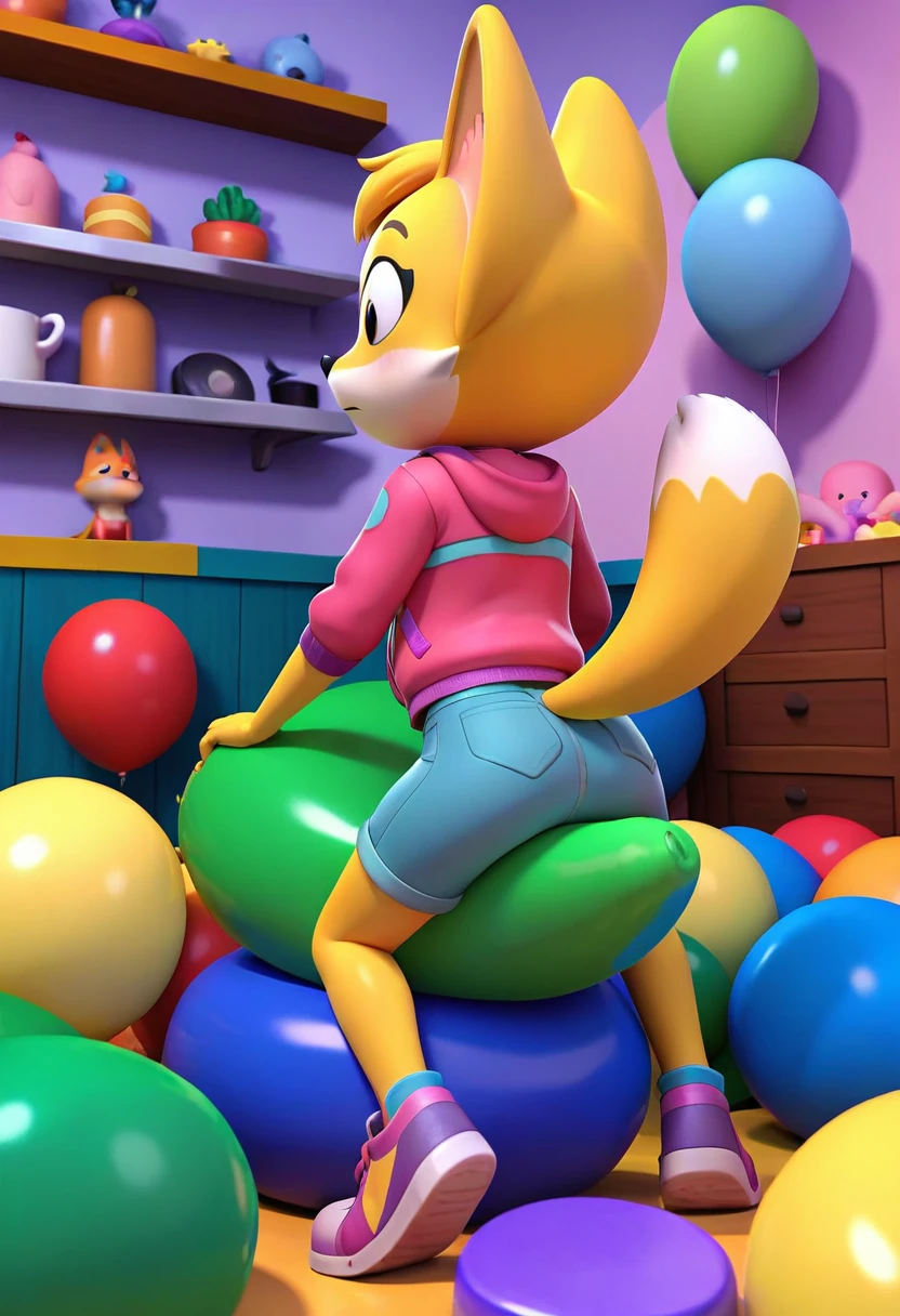 score_9, score_8_up, score_7_up, score_6_up, score_5_up, score_4_up, female, kit casey, fox, vixen, female, anthro, big balloon, one balloon, pink jacket, white shirt, shorts, shoes, 

kitchen, lights off, surprise party, confetti,

solo, 1girl, 




(sitting on a balloon:1.2), looner, balloon fetish, nonpop, balloon popping, popped balloons, popping balloons, sitting on a balloon, straddling a balloon, balloon pieces, balloon knot, tied balloon, one balloon, big balloon, tied balloon, necked balloon, overinflated balloon, green balloon, blue balloon, cat print balloon, 
detailed background, dynamic angle, dynamic lighting, suggestive, rating suggestive,
,

from back
,