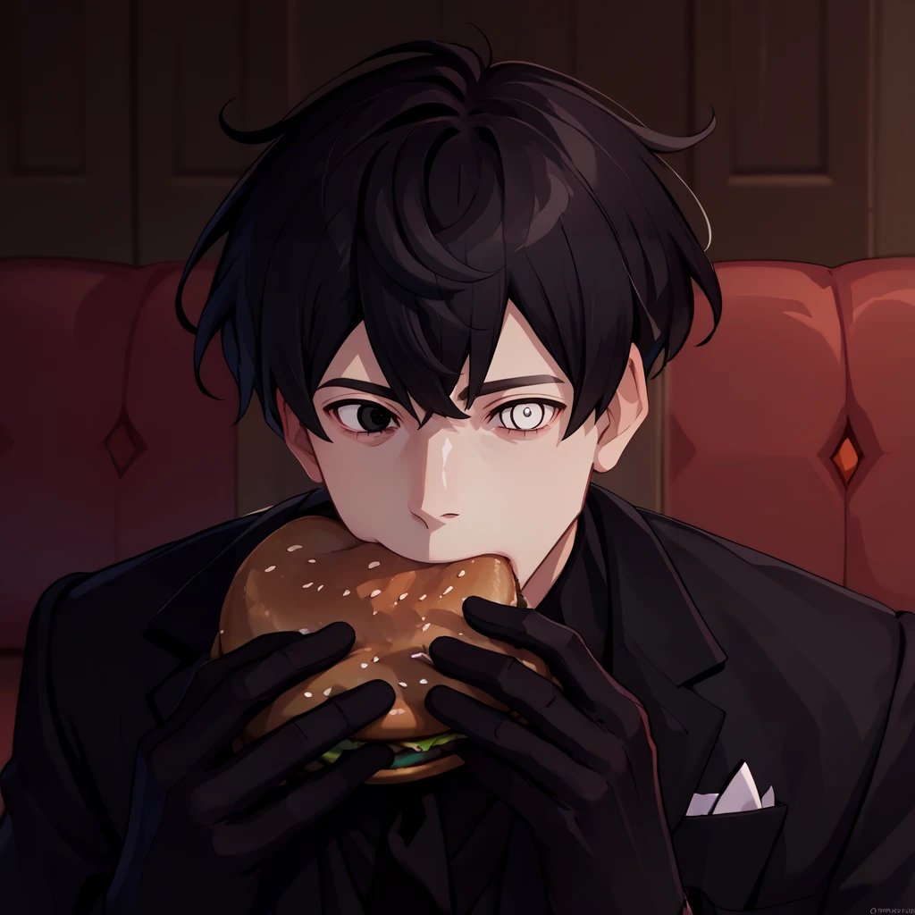 score_9, score_8_up, score_7_up, score_6_up, source_anime BREAK male focus,  <lora:jermawhopper-pdxl-nvwls-v1-000005:1> jermaWhopper, eating, burger, looking at you, upper body  <lora:oc_justtnp_ponyXL:1> justtnp, black hair, heterochromia, black eyes, white eyes, formal, black jacket, black vest, black necktie, black gloves