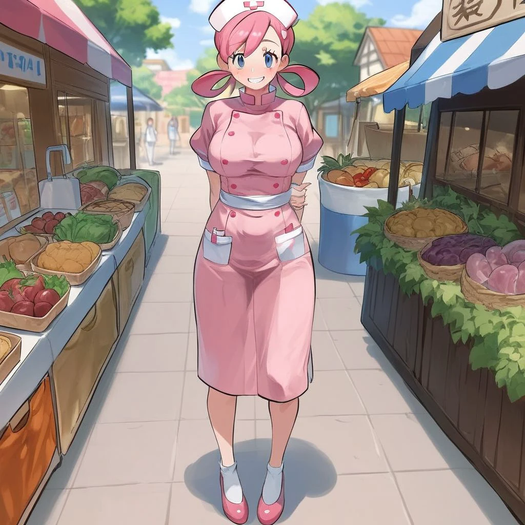 score_9, score_8_up, score_7_up, score_6_up, score_5_up, score_4_up, source_anime, rating_explicit, Nurse Joy, \(Pokemon\), standing, market, looking at spectator, full body, girl focus, smiling, pastel colors, sketchy lineart, by makoto shinkai