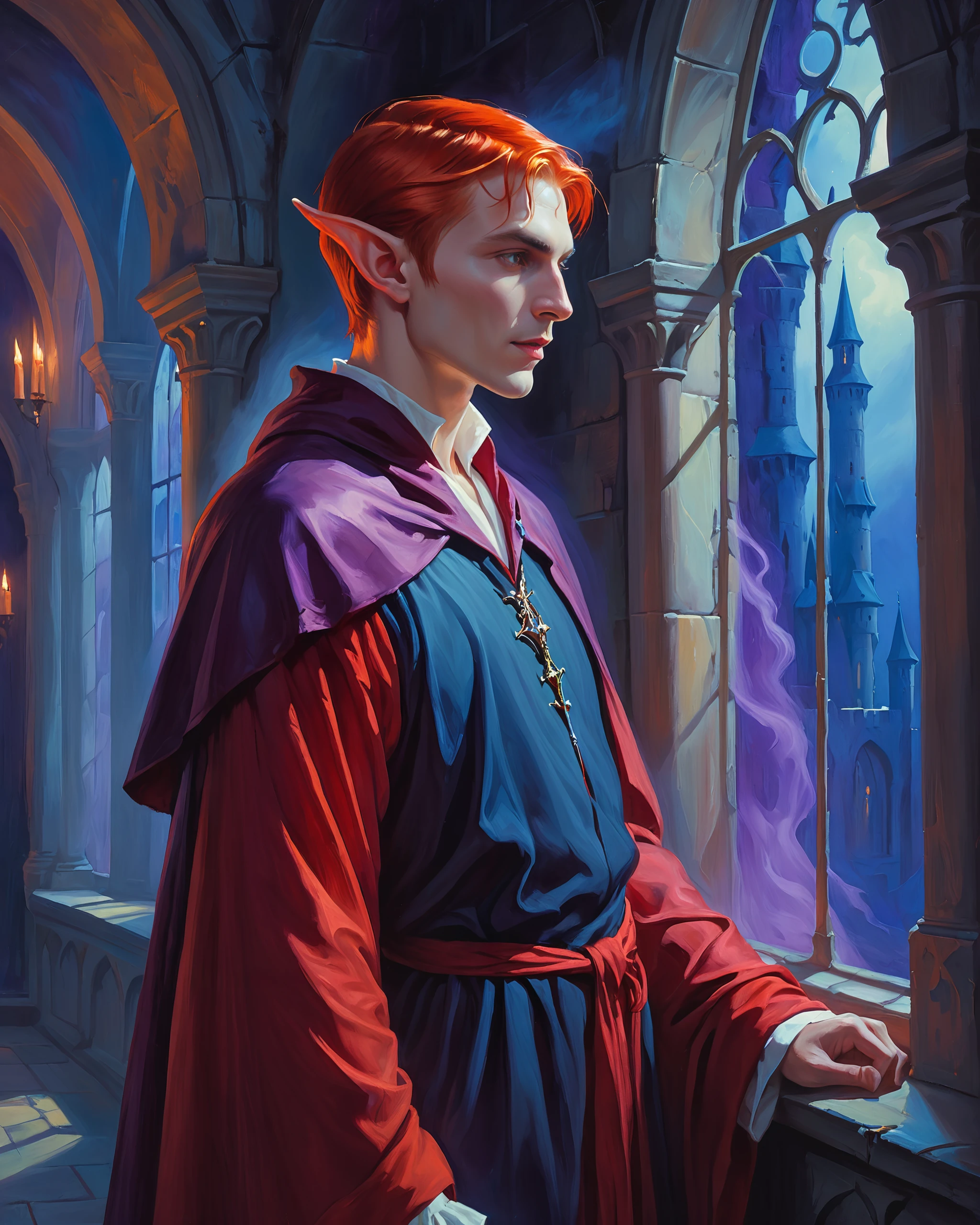 (complex vintage fantasy oil painting artwork:1.35), close upper body portrait from the side, (mysterious elf vampire wizard male with short red hair and long robes, in the dark hall of a castle:1.1), light coming from the windows, complementary colors, blue and purple atmosphere, depth of field,paper grain
