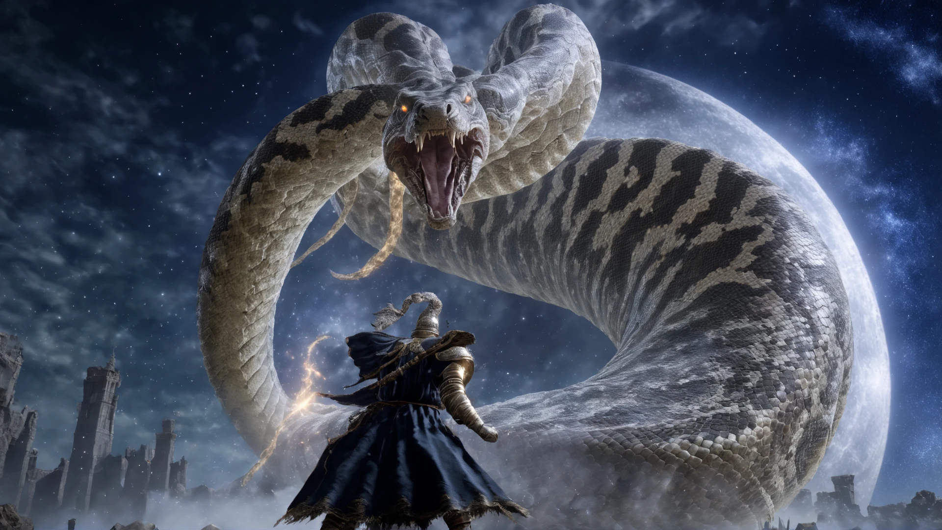 ((close view)) of a man fighting gigantic ethereal snake made of magical stars,
wearing well worn armor,
starry sky,full moon,
tornado, maelstrom,
ruins,
dynamic,
magic, magical spell, fireball,
(eerie lighting,promotional poster),
<lora:w3ers:1>w3ers,