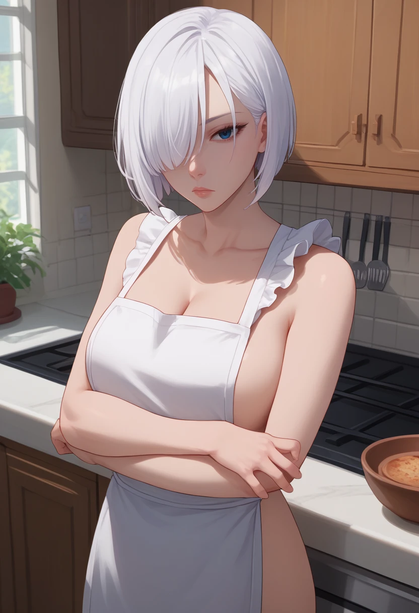 score_9, score_8_up, score_7_up, source_anime, solo, 1girl, fionadef, expressionless, looking at viewer, crossed arms, short hair, white hair, hair over one eye, naked apron, cleavage, indoors, kitchen <lora:spyxfamily_fionafrost_ponyXL:1>