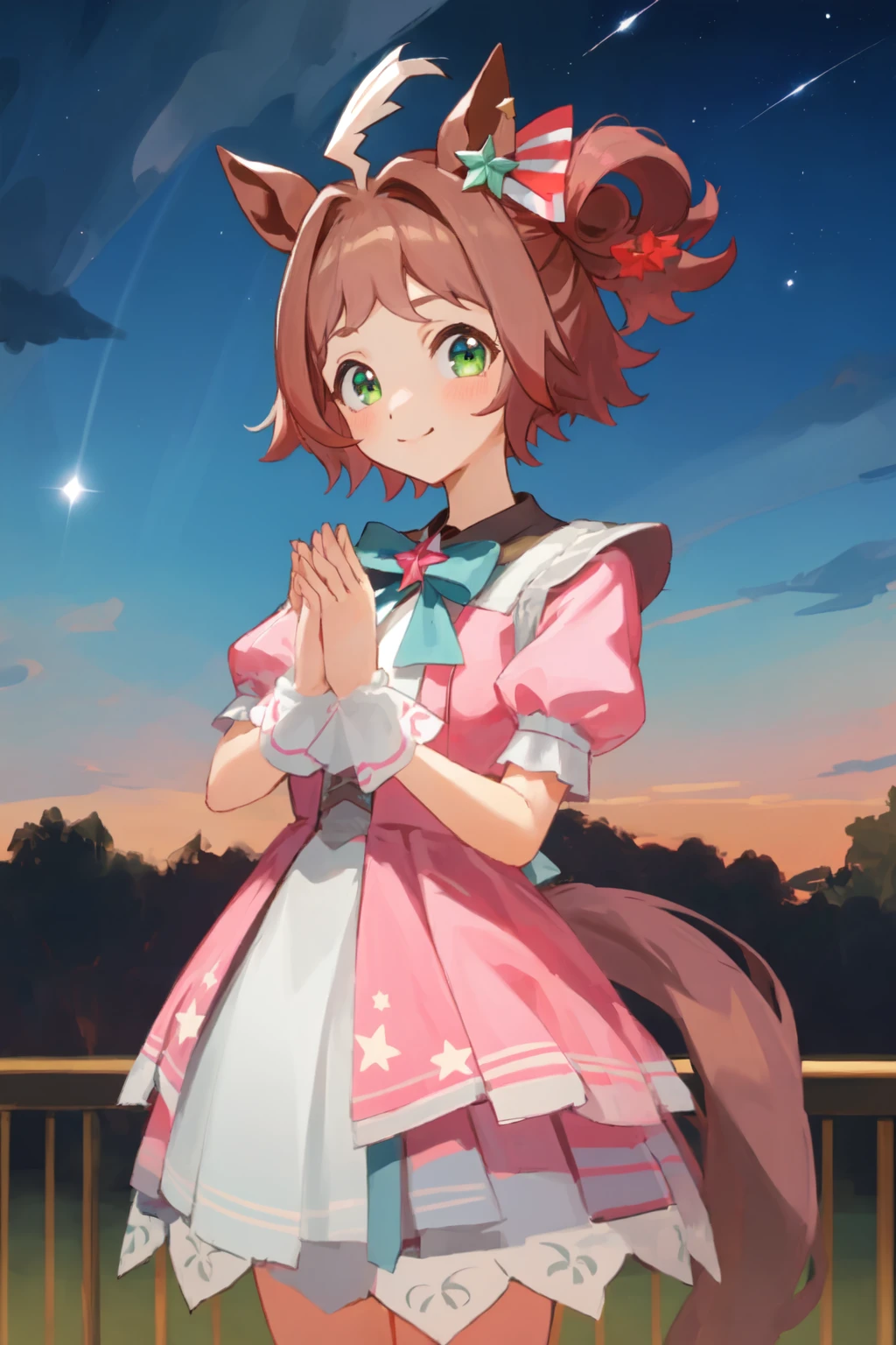 masterpiece, best quality,
rhein kraft \(umamusume\), solo, night starry sky, little smile, closed mouth, little smile, pink dress, looking at viewer, hair ornament, bow, own hands together, outdoors, cowboy shot
<lora:UmaMusume_AIO_SD1.5:1.0>