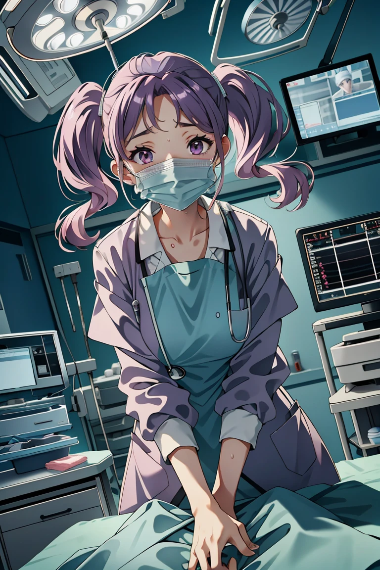 (RAW photo, best quality), operating room, overhead surgical light,blurred background, focused, dithering,backlighting,
 <lora:surgeon_cpr_pov_V1.0-000005:0.8> surgeon_cpr, indoors, 1girl, looking at viewer, pov, solo,surgical mask, long sleeves,sweating, 
 <lora:Maria_PrivateNurse_V1.0:0.55>  maria_pnurse,purple_hair,pink_eyes,twintails,