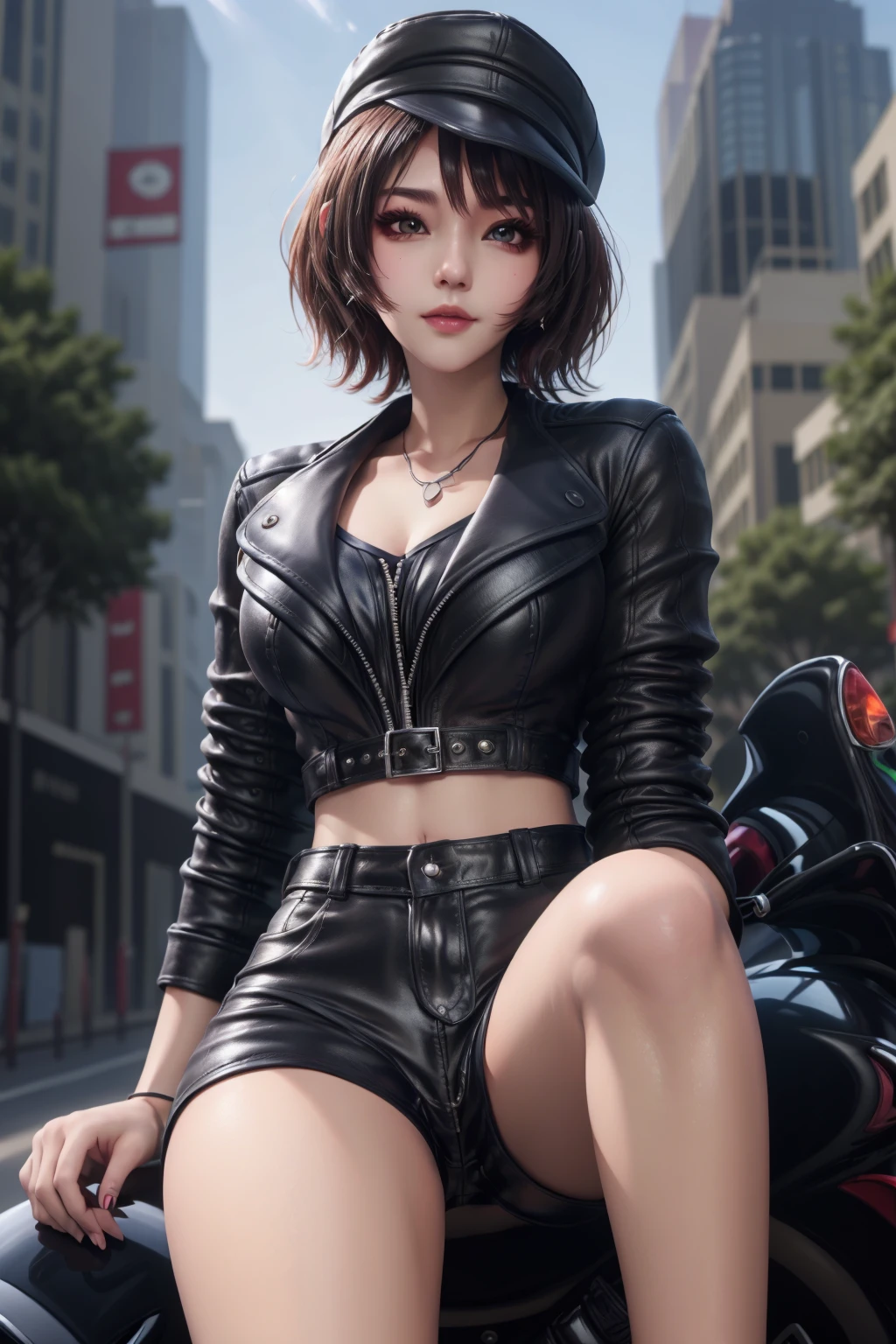 ((best quality)), absurdres, ((ultra high res)), perfect face, beautiful face, shirley, leather outfit, shorts, hat, perfect skin, soft skin, <lora:shirleyyy:0.7>