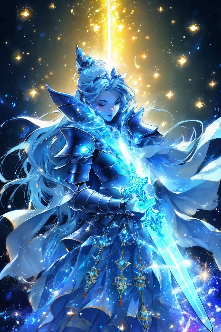 A mystical figure, possibly a warrior or guardian, adorned in intricate armor. The armor is illuminated with a radiant blue glow, emanating a sense of power and magic. The figure's cloak flows behind, merging with ethereal, swirling patterns of light and energy. The warrior wields a glowing sword, its blade emitting a similar blue luminescence. The background is dark, with specks of light, possibly representing stars or magical particles, adding to the enchanting atmosphere.<lora:EMS-374483-EMS:0.800000>