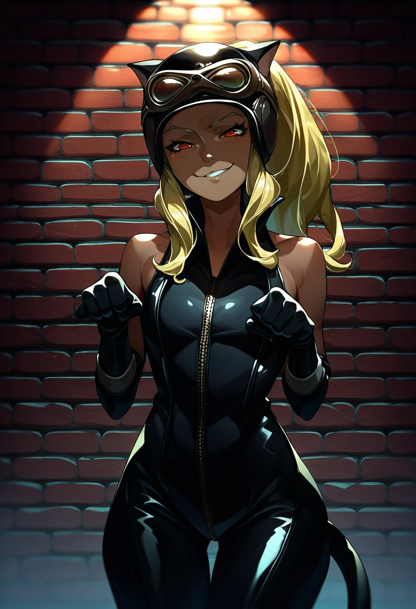 score_9, score_8_up, score_7_up, source_anime, solo, 1girl, grkatspy, dark skin, smirk, looking at viewer, paw pose, ponytail, helmet, goggles on head, animal ears, black bodysuit, black gloves, cat tail, bare shoulders, brick wall, spotlight <lora:gravityrush_kat_ponyXL-000004:0.85>