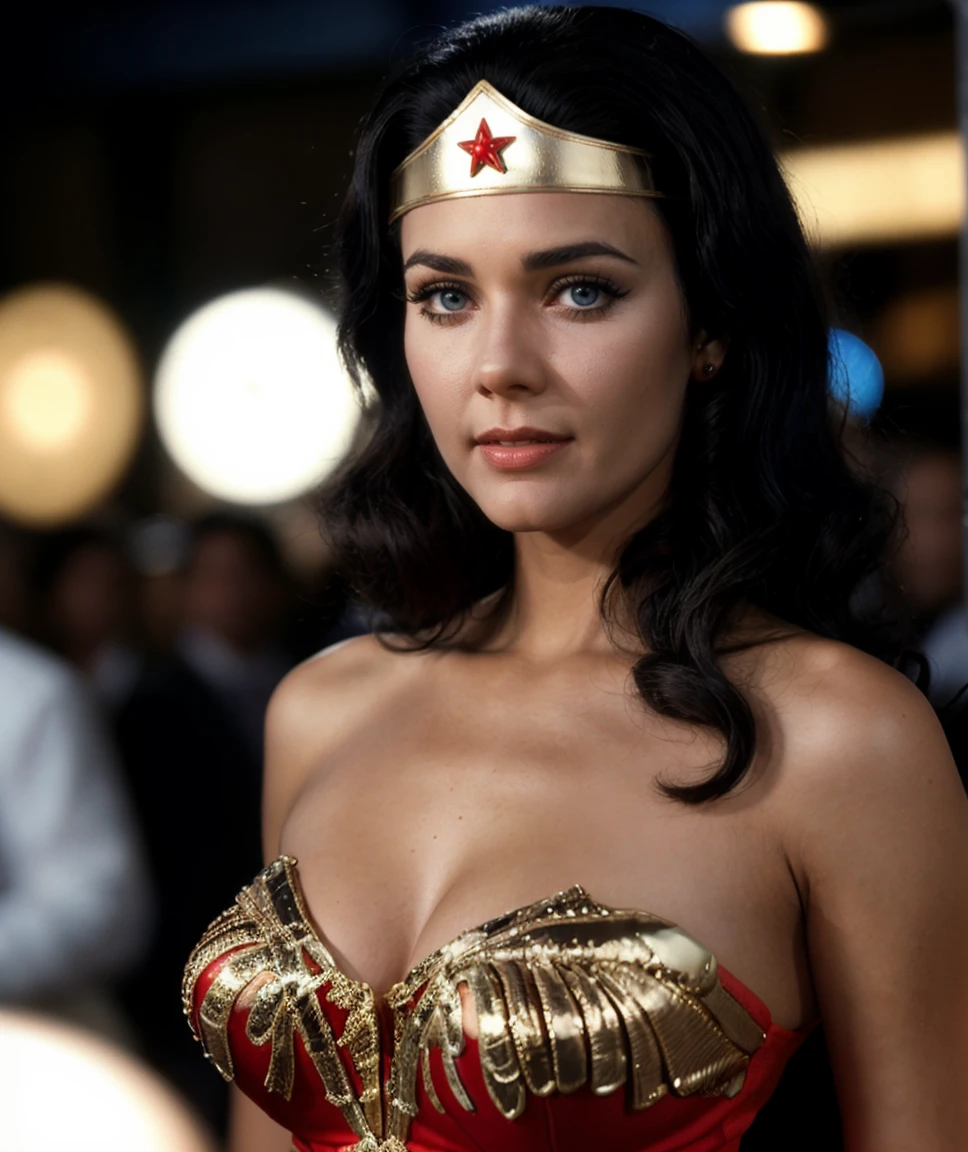 cinematic photo , intricate detailed, flash photography,  <lora:quiron_WonderWomanRetro_v1340_Lora:0.77>  wonderWomanRetroquiron, wonderWomanRetro, black hair, realistic, solo, long hair, blue eyes,, ,realistic,intricate detailed,  flash photography,   realistic, amazing photo of a pretty woman , , at blurred background crowded nightclub party background, . 35mm photograph, film, bokeh, professional, 4k, highly detailed