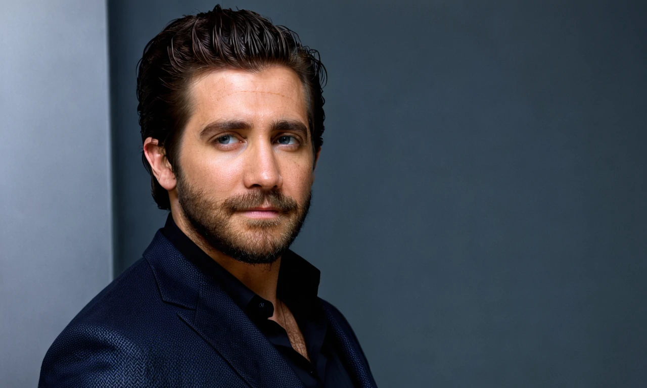 Gyllenhaal, <lora:gyllenhaal-128:0.9>, black hair, beard, spidermen, medium full shot