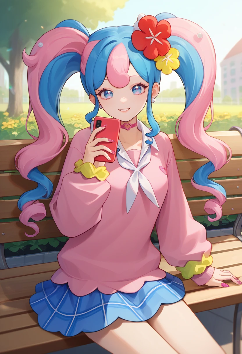 score_9, score_8_up, score_7_up, solo, 1girl, fairymiku, smile, looking at viewer, sitting, park bench, holding phone, curly hair, twintails, hair flower, red flower, yellow flower, blue eyes, pink sweater, pink cardigan, white neckerchief, long sleeves, blue skirt, plaid skirt, miniskirt, earrings, pink choker, heart choker, wrist scrunchie, nail polish, pink nails, outdoors <lora:projectvoltage_fairymiku_ponyXL:1>