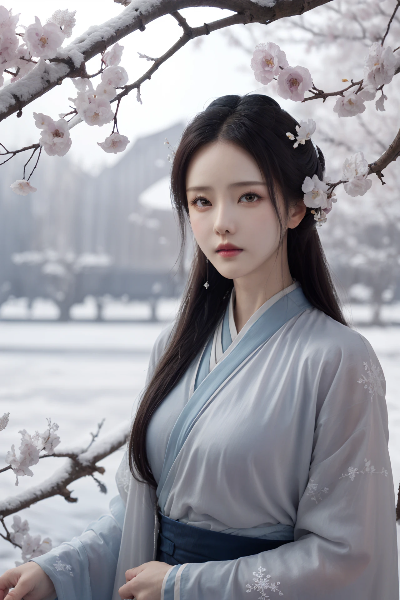 (4k, best quality, highres, absurdres, masterpiece:1.21), (realistic:1.331), detailed and intricate,
cinema light, (authentic skin texture:1.3),
1girl, chinese clothes, hanfu,
chinese style architecture, snowing, snowflakes, winter, (plum blossoms:1.2),
<lora:add_detail:0.3>, <lora:girlslike_zzx1:0.8>