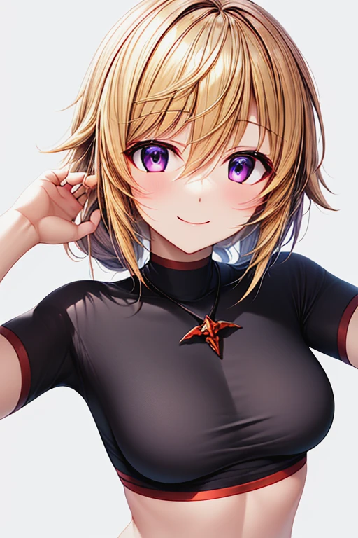 2010s (style), year 2010, anime_art_style, cartoon, infinite stratos, charles dunois, tomboy, crossdressing, 1girl, blonde hair, solo, purple eyes, smile, upper body, jewelry, shirt,crop top,midriff, looking at viewer, white background, long hair, simple background, breasts, black shirt, hair between eyes, cropped torso, blush, medium breasts, bangs, necklace, closed mouth <lora:Charles_Dunois:0.8> <lora:hyperdetailer_v095:0.8>