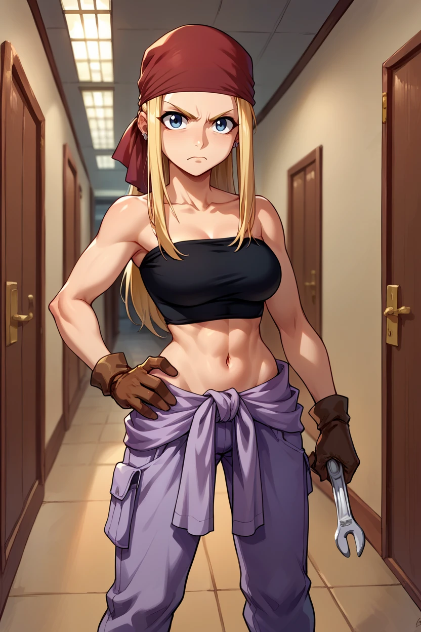 score_9, score_8_up, score_7_up, score_6_up, source_anime BREAK 1girl, <lora:winry-pdxl-nvwls-v1-000006:1> winry rockbell, earrings, red bandana, black tube top, strapless, midriff, clothes around waist, purple pants, brown gloves, looking at you, annoyed, holding wrench, hallway, hand on hip