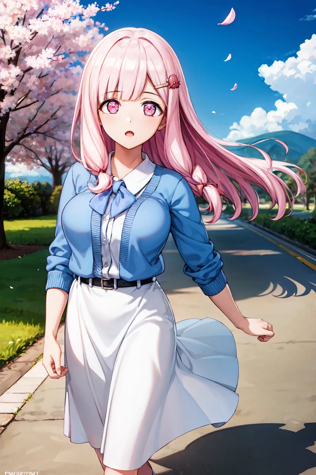 (masterpiece, best quality, hires, high resolution:1.2, 8k , high quality),extremely detailed eyes,intricate details,
outdoors,tree,cherry blossoms,petals,parted lips,:o,(looking up:1.2),floating hair,wind,
1girl,solo,<lora:nacht_20240516-000011:0.7>,n@cht,hair bow,hairclip,pink eyes,pink hair,hair ornament,
cardigan,bowtie,collared shirt,long skirt,belt,socks,loafers,
walking