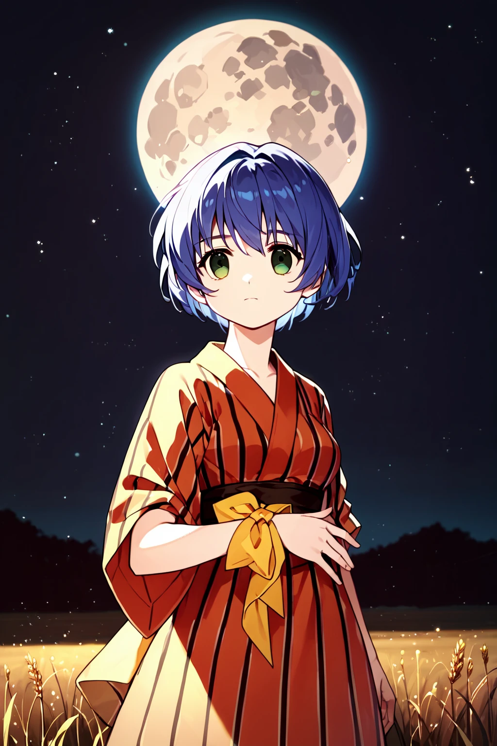 score_9, score_8_up, score_7_up, score_6_up, rating_safe, source_anime, best quality, masterpiece, detailed eyes, field of wheat, night, moon, brown yukata, <lora:kirishima-kano-xl-04:1>, kirishima kano, empty eyes, yellow wrist ribbon, medium breasts, green eyes, blue hair, expressionless