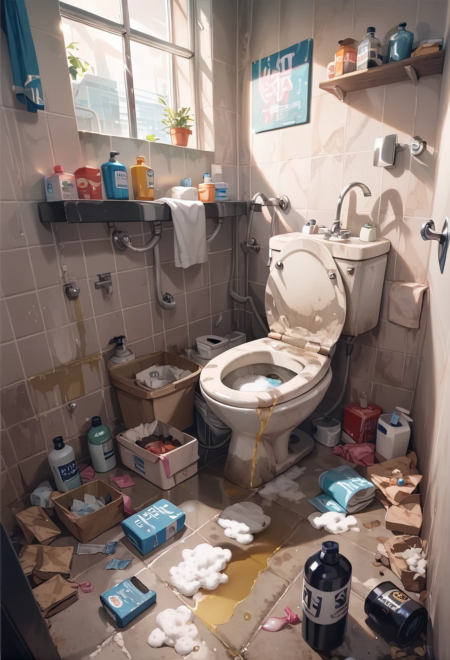 score_9,score_8_up,score_7_up,sitting on rock,,ruanyi0181,bottle,box,coffee,cup,faucet,indoors,soap,soap bottle,still life,tile floor,tile wall,tiles,toilet,toilet paper,trash can,water,dirty,used condom,Condom wrappers,dirty toilets,dim lighting,Fallen tiles reveal bricks,night,Semen on the floor,urine on the floor,<lora:0181 dirty toilet_v1_pony:1>