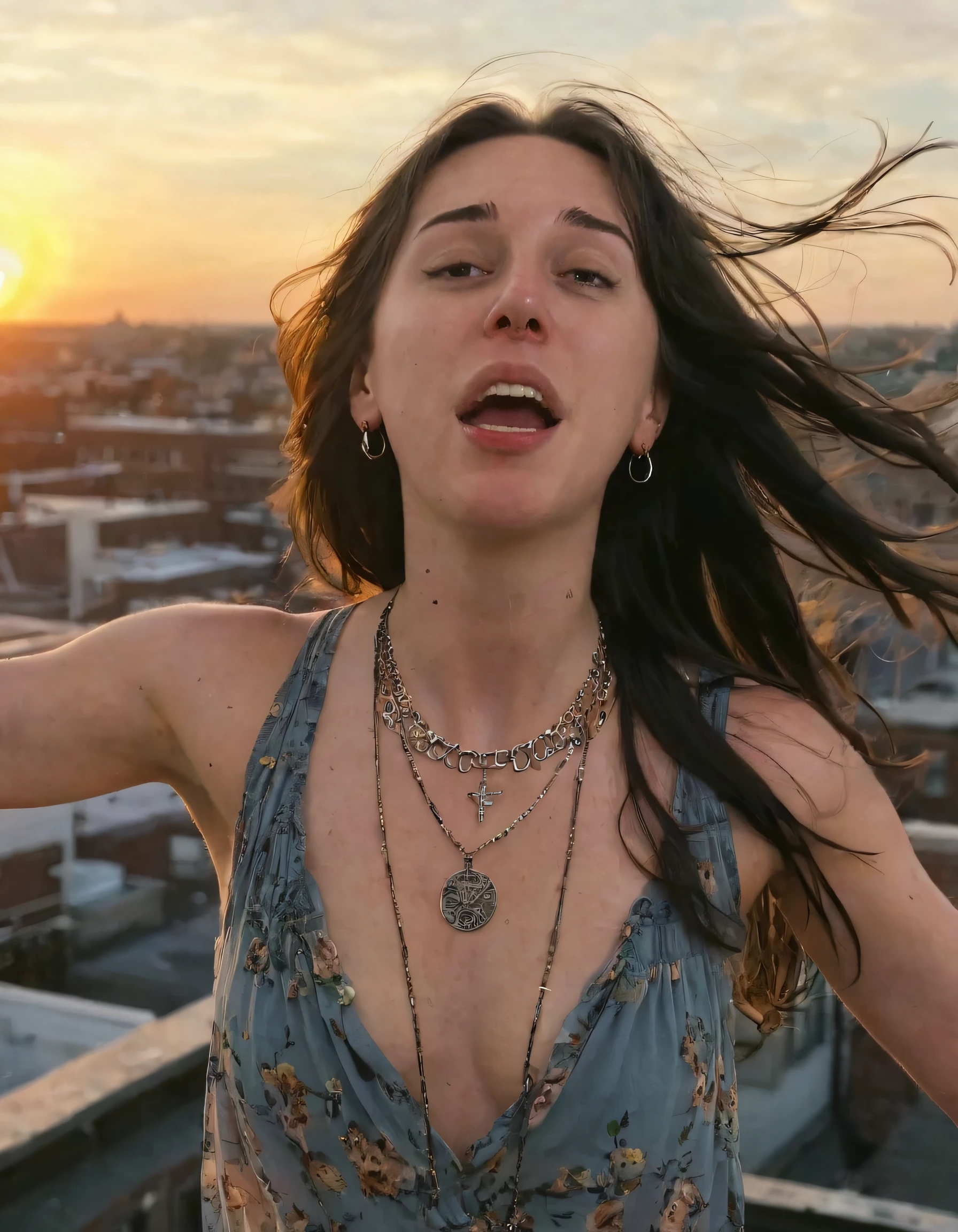 Capturing Abby Boom, her wildly long, raven locks billowing in the wind, as she stands confidently with outstretched arms, her piercing eyes locked on the viewer, adorned with a bohemian necklace and earrings, taking in the breathtaking sunset fromopn an enchanting, seemingly abandoned urban rooftop, this unforgettable image encapsulating both her free-spirited nature and the ethereal beauty of that exact moment. <lora:tqgxtq18f8bbfd3f9t4b3:1>