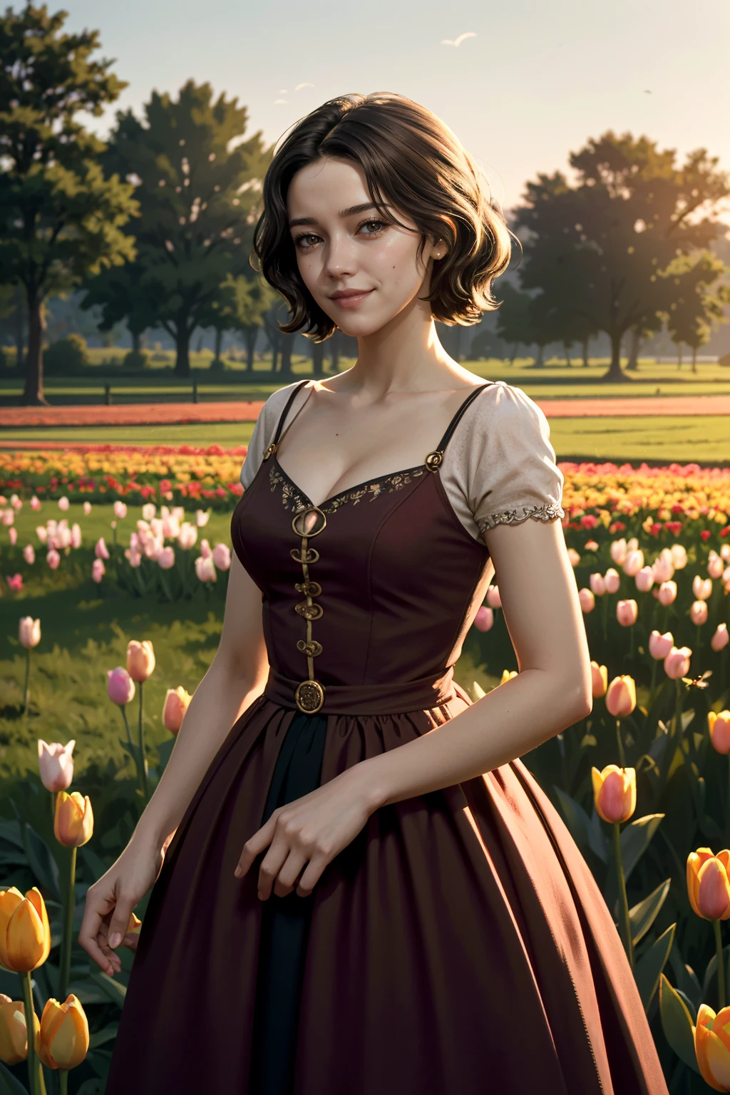 ((ultra detailed, masterpiece, absurdres))
<lora:THLilianne:0.7>
THLilianne, 1girl, brown hair, in a field of tulips, golden hour, elegant dress, smiling