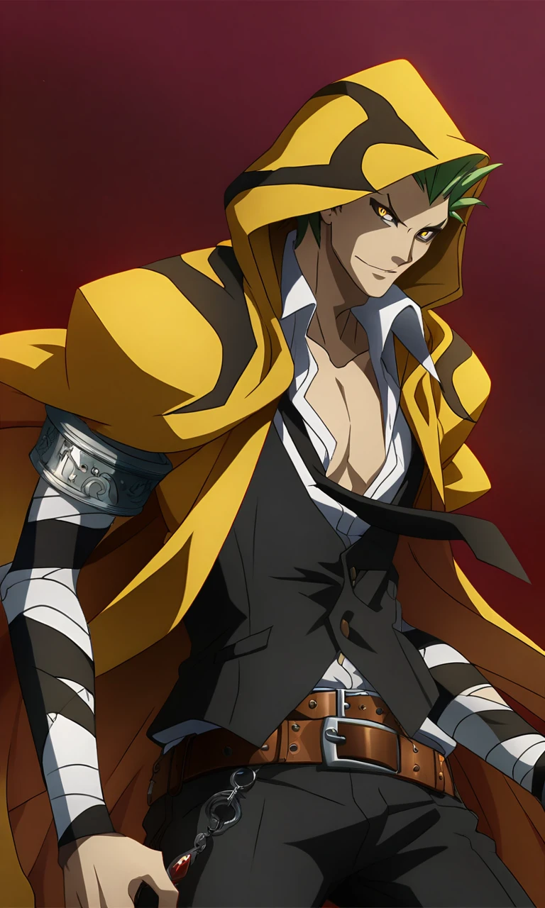 anime artwork illustrating TerumiBB,1boy,yellow eyes,snake-slit-styled eyes,short hair,green hair,spiked hair,hooded yellow cape with black markings,(2 belts),black pants,black ribbons,bandaged arms,black vest,open shirt,loose black necktie,black pants,steel-toed-shoes. created by japanese anime studio. highly emotional. best quality, high resolution, HDR photo of TerumiBB,1boy,yellow eyes,snake-slit-styled eyes,short hair,green hair,spiked hair,hooded yellow cape with black markings,(2 belts),black pants,black ribbons,bandaged arms,black vest,open shirt,loose black necktie,black pants,steel-toed-shoes . High dynamic range, vivid, rich details, clear shadows and highlights, realistic, intense, enhanced contrast, highly detailed, TerumiBB,1boy,yellow eyes,snake-slit-styled eyes,short hair,green hair,spiked hair,hooded yellow cape with black markings,(2 belts),black pants,black ribbons,bandaged arms,black vest,open shirt,loose black necktie,black pants,steel-toed-shoes, firm solid background, romantic, intricate, highly detailed, cinematic, focus, beautiful, shiny, rich deep colors, enhanced quality, real, very attractive, whole coherent, dramatic light, sharp, magnificent, full, epic, artistic, winning scenic, creative, lovely, charming, pretty, true, extremely, complex, color, great, fine, best, modern