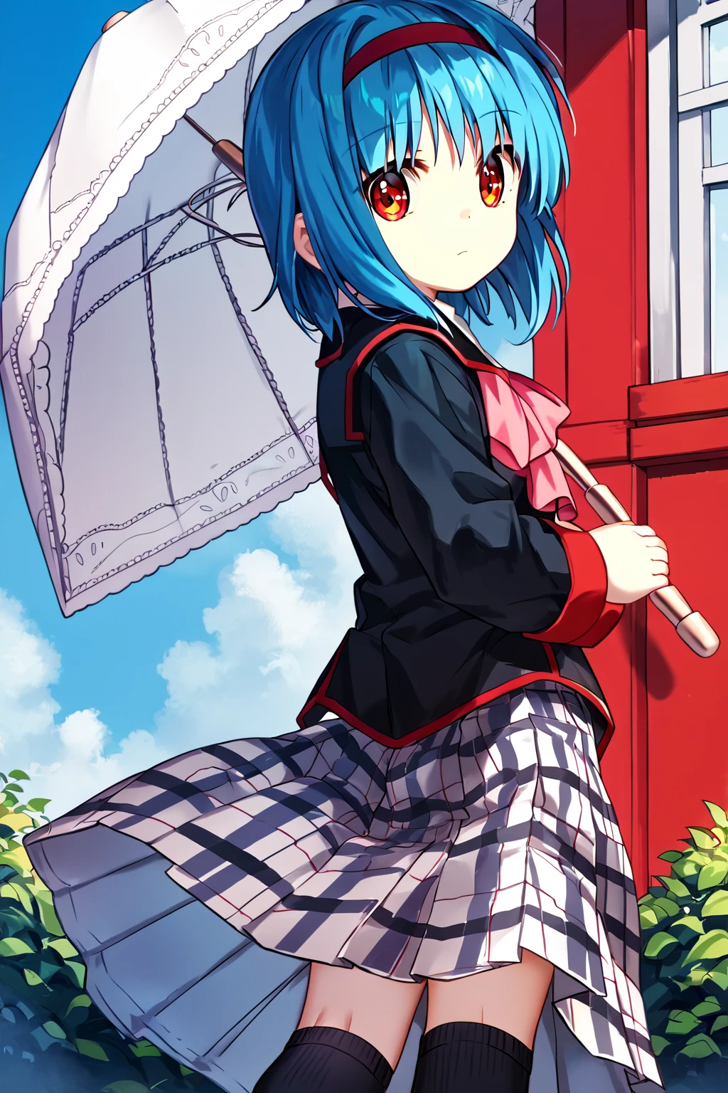 score_9, score_8_up, score_7_up, score_6_up, rating_safe, source_anime, best quality, masterpiece, detailed background, detailed eyes, outdoors, white parasol, from behind, looking back, <lora:nishizono-mio-xl-05:1>, nishizono mio, blue hair, red headband, black uniform with red trim and pink bow, pleated grey plaid skirt, black socks, small breasts, expressionless,