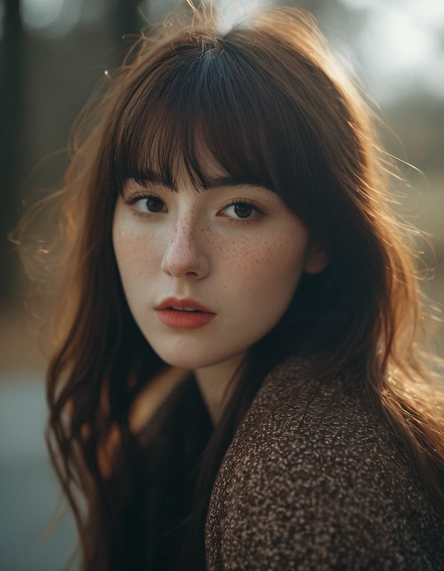 photograph beautiful lady, (freckles), brown hazel eyes, Full Bangs, dark makeup, hyperdetailed photography, soft light, head and shoulders portrait, 50mm . cinematic 4k epic detailed 4k epic detailed photograph shot on kodak detailed cinematic hbo dark moody, 35mm photo, grainy, vignette, vintage, Kodachrome, Lomography, stained, highly detailed, found footage, beautiful lady, (freckles), brown hazel eyes, Full Bangs, dark makeup, hyperdetailed photography, soft light, head and shoulders portrait, highly detailed, cinematic, draped surreal atmosphere, tender, warm sweet, delicate, sharp focus, perfect composition, elegant, very inspirational, innocent, fine, artistic, serious, ambient background, deep vibrant colors